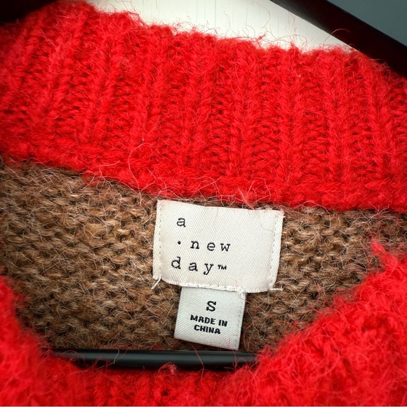 AND Striped Fuzzy Red Pink Tan Sweater - Picture 5 of 7